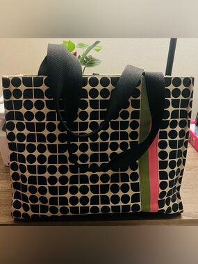 Black & Cream Geometric Large Tote with Pink and Green Stripe